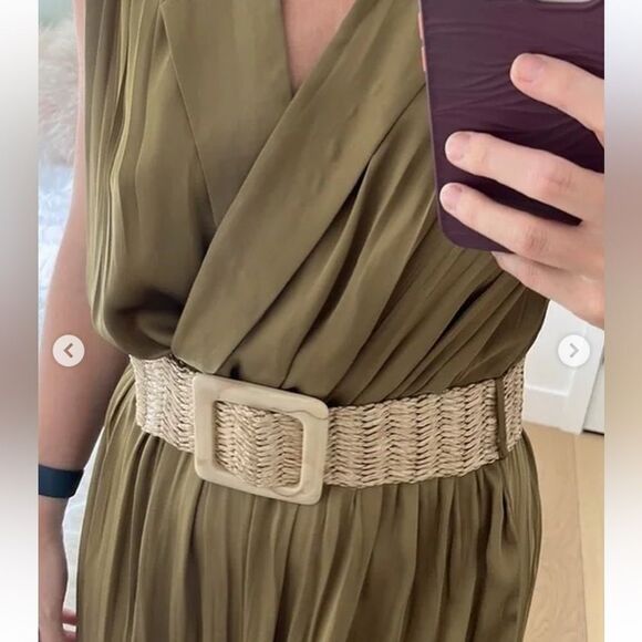 Zara olive green satin effect jumpsuit with belt - Picture 4 of 11